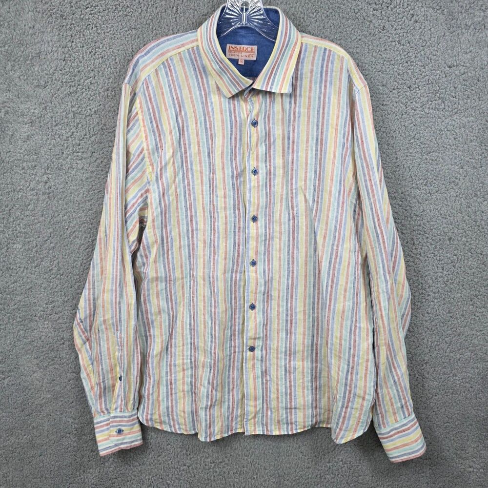 Inserch Linen Shirt Long Sleeve Button Up Shirt Multicolor Striped Sized 2XL